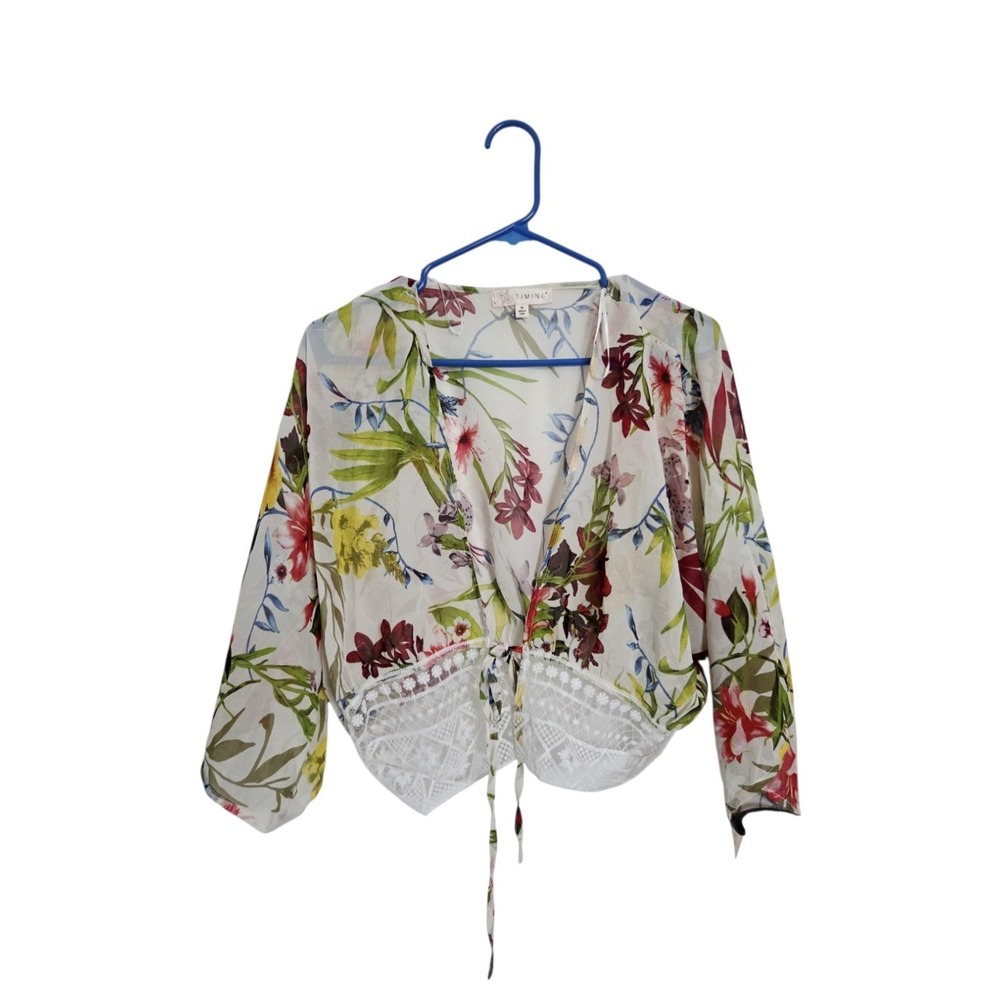 Timing Floral Tie Front Lace Trim Sheer Kimono Blouse M Boho Cottage Crop NEW